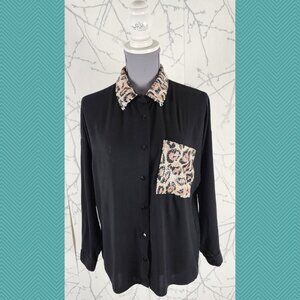 Milan Kiss Sequin Leopard Print Panel Button Front Shirt
